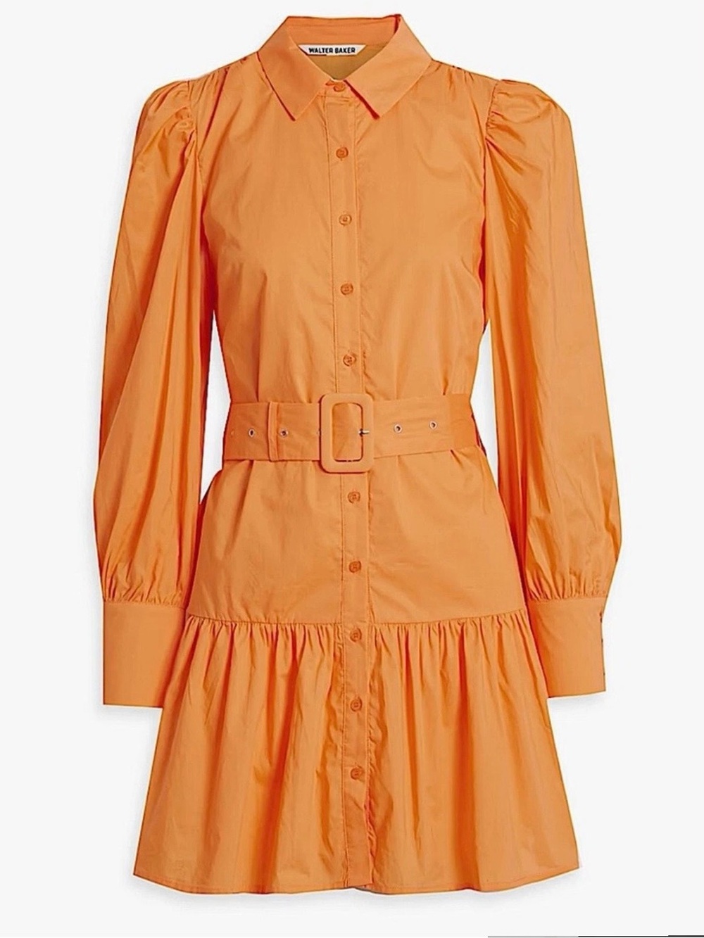 Walter Baker Orange Belted Puff-Sleeve Shirt Dress